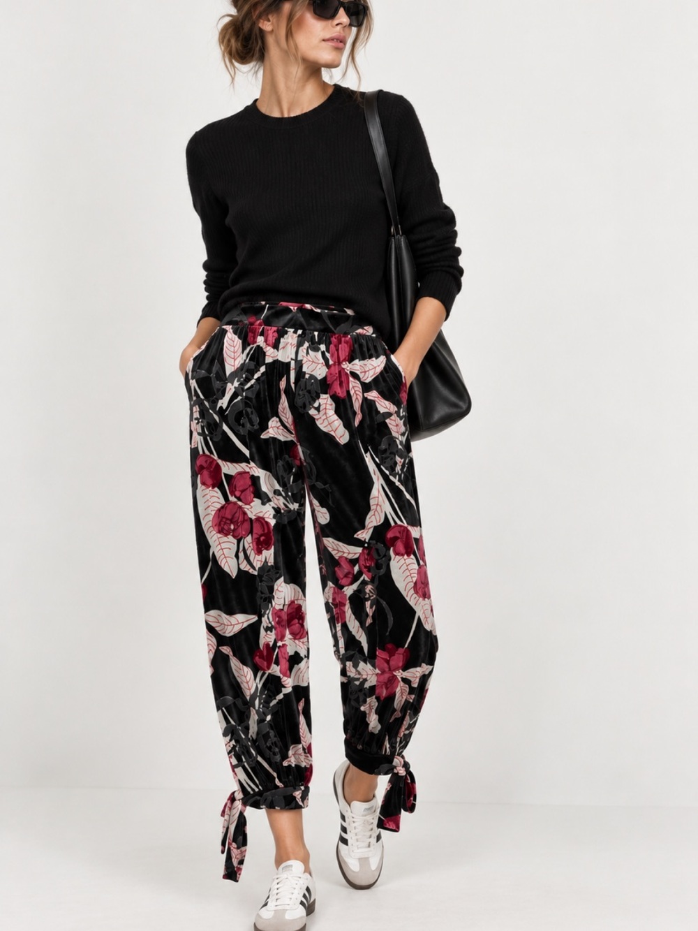 Zara NWT Floral Velvet Jogger Pants Black Fuchsia Size Small Relaxed 4813/859